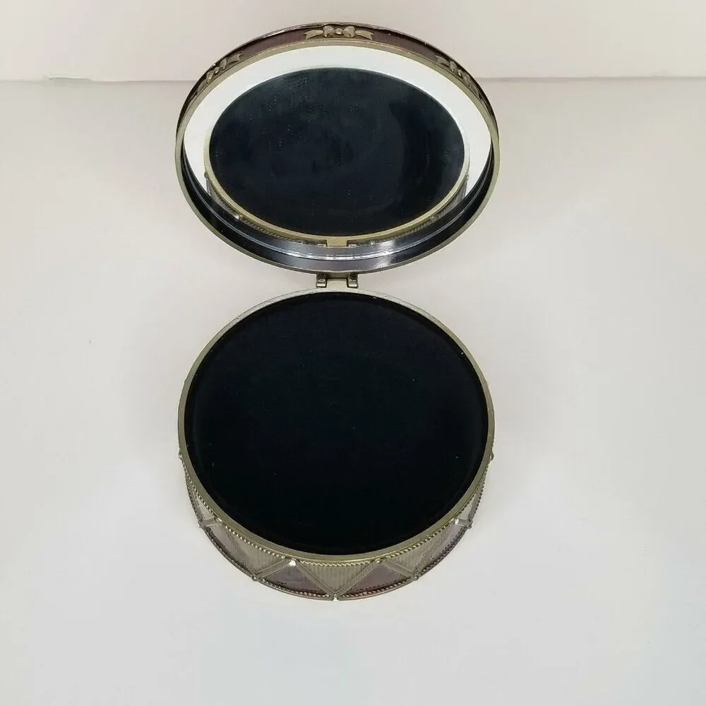 Mirrored Jewelry Box Christmas Red Gold Ornaments Black Velvet Enamel